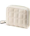 Leather Mini Zipper Wallet for Women, White - Checked Pattern