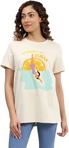 Tshirt for Women, Round Neck Longline Printed Drop Shoulder Baggie T-Shirt (Color Brown)