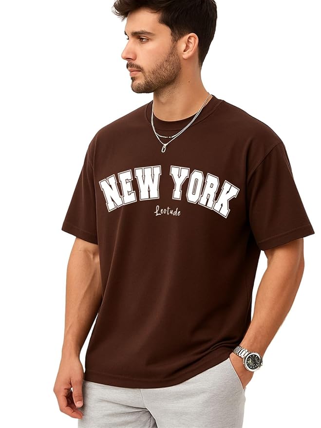 Casual Half Sleeve Cottonblend Printed Round Neck Drop Shoulder Oversized Tshirt for Man (Color Brown)