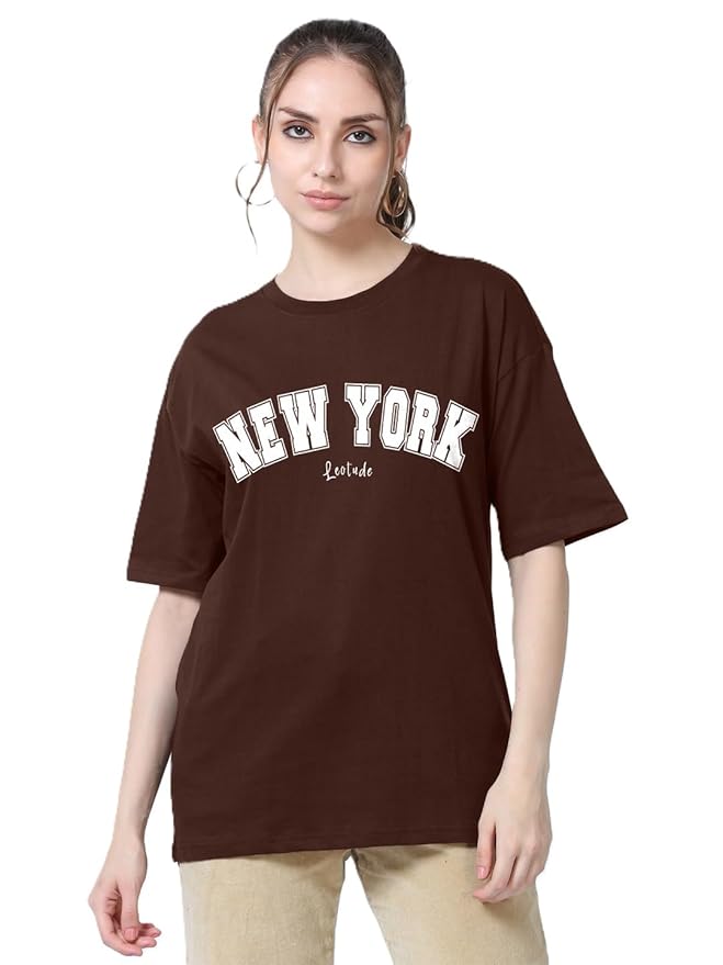 alf Sleeve Cottonblend Oversized Tshirt for Women, Round Neck Longline Printed Drop Shoulder Baggie T-Shirt (Color Brown)