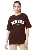 alf Sleeve Cottonblend Oversized Tshirt for Women, Round Neck Longline Printed Drop Shoulder Baggie T-Shirt (Color Brown)
