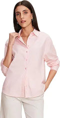 Women's  Poly Cotton Shirt with Long Sleeve Mandarin Neck Standard Length and Button Down Closure Type