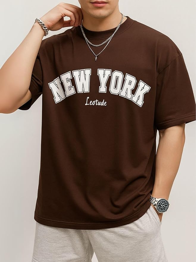 Casual Half Sleeve Cottonblend Printed Round Neck Drop Shoulder Oversized Tshirt for Man (Color Brown)