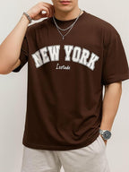 Casual Half Sleeve Cottonblend Printed Round Neck Drop Shoulder Oversized Tshirt for Man (Color Brown)