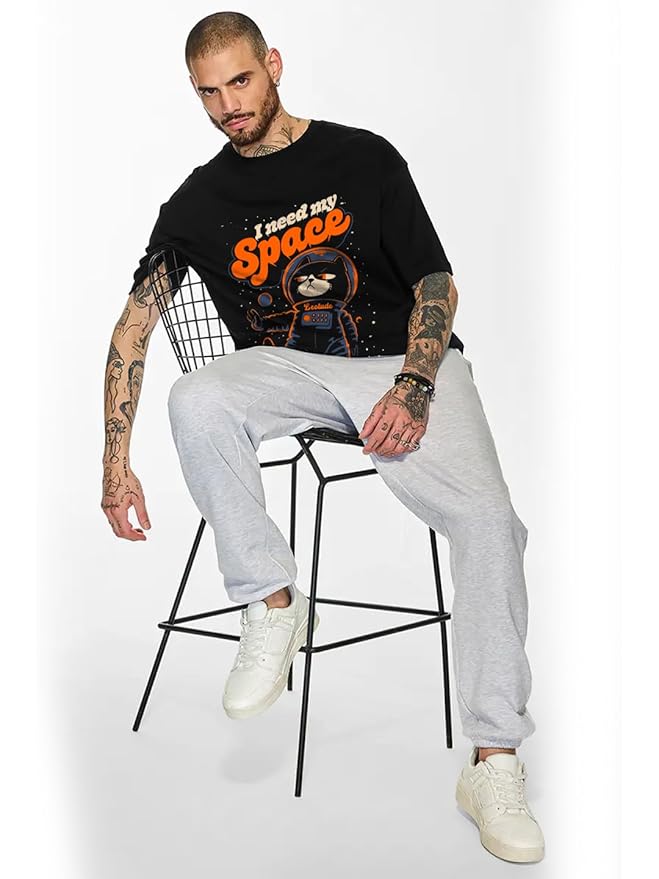 Half Sleeve Oversized Cottonblend Round Neck Drop Shoulder Printed Men's T-Shirt (Color Black)