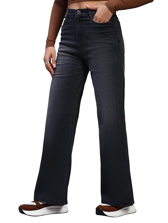 Amazon Brand - INKAST Women High Rise Wide Leg Full Length Cotton Poly Lycra Jeans