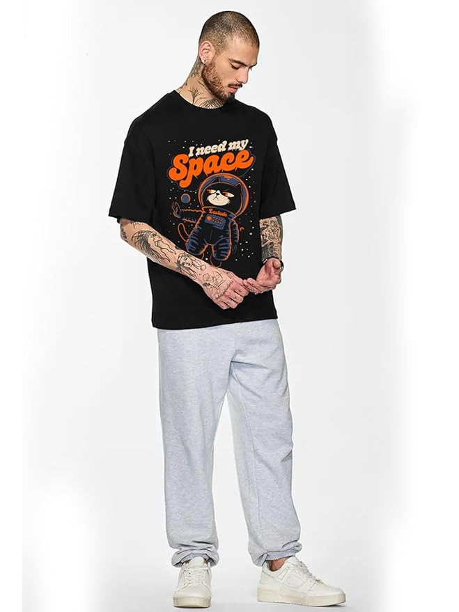 Half Sleeve Oversized Cottonblend Round Neck Drop Shoulder Printed Men's T-Shirt (Color Black)