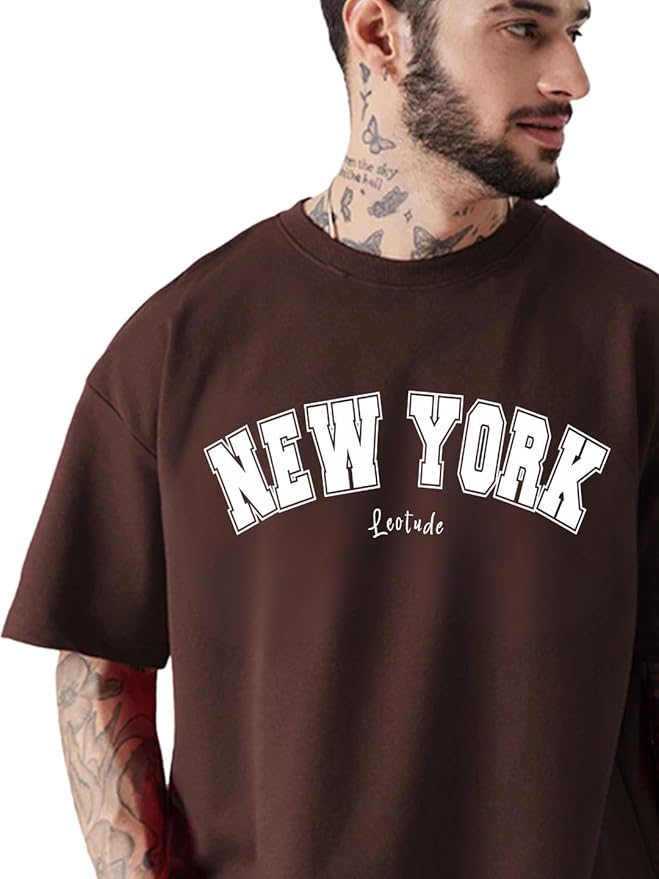 Casual Half Sleeve Cottonblend Printed Round Neck Drop Shoulder Oversized Tshirt for Man (Color Brown)