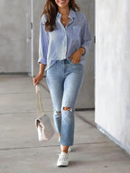 Women's  Poly Cotton Shirt with Long Sleeve Mandarin Neck Standard Length and Button Down Closure Type