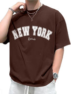 Casual Half Sleeve Cottonblend Printed Round Neck Drop Shoulder Oversized Tshirt for Man (Color Brown)
