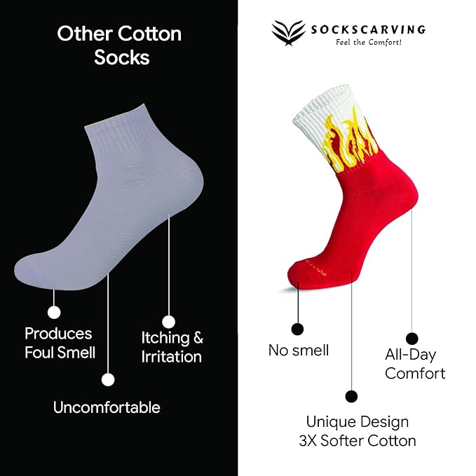 7 Pairs Pure Premium Cotton Socks Men & Women Calf Length Crew Flame Pattern Vibrant Colors, Full Length Comfort Stretchable Free Size Anti Odur Sweat Free Anti Slip