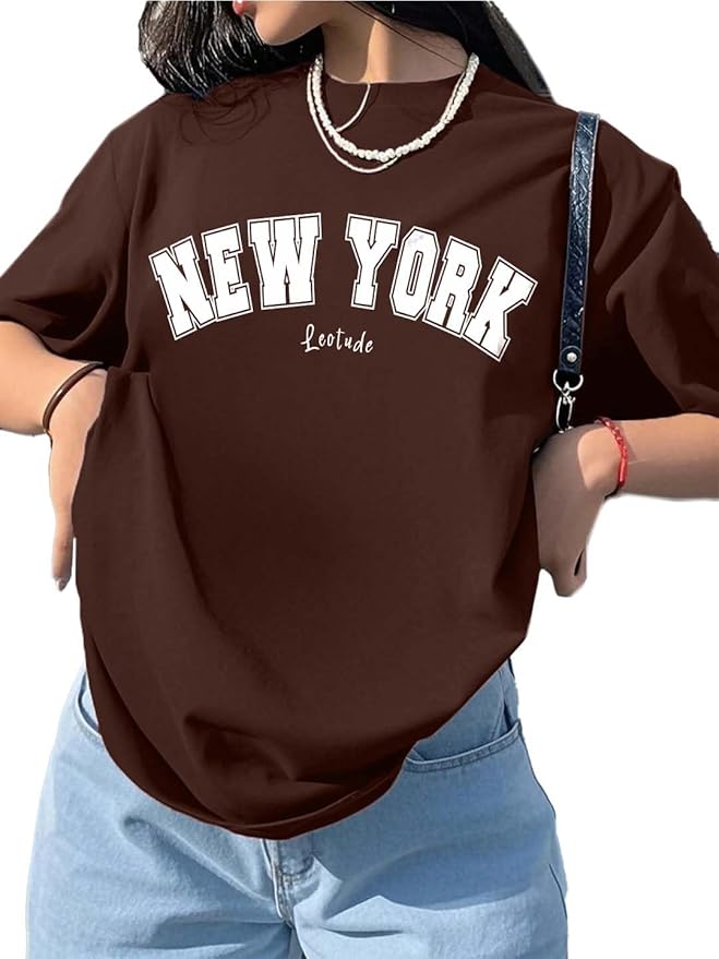 alf Sleeve Cottonblend Oversized Tshirt for Women, Round Neck Longline Printed Drop Shoulder Baggie T-Shirt (Color Brown)