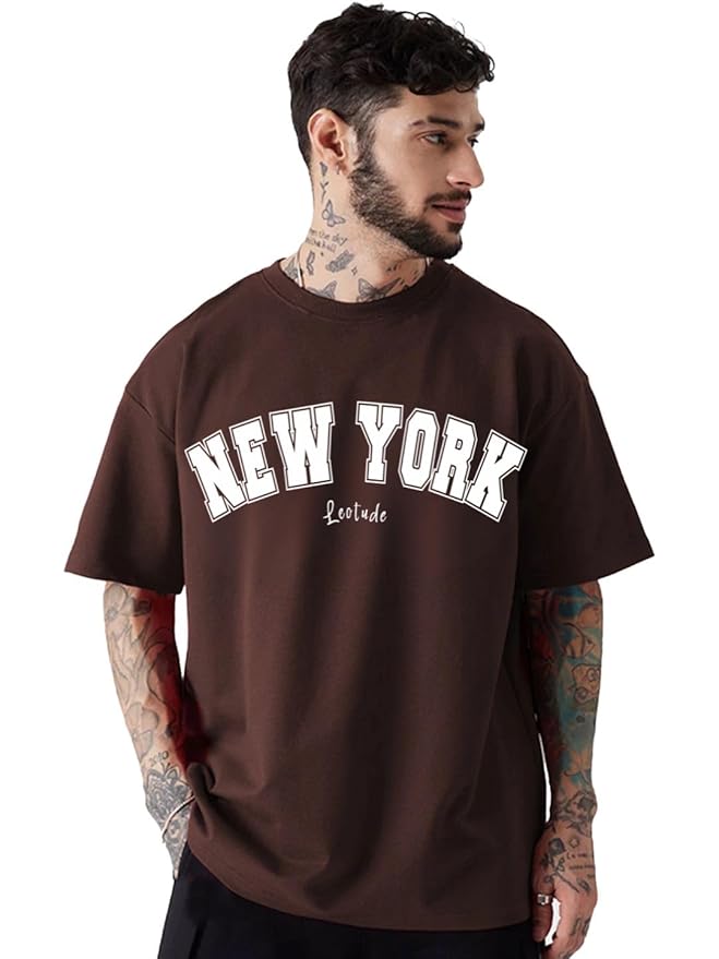 Casual Half Sleeve Cottonblend Printed Round Neck Drop Shoulder Oversized Tshirt for Man (Color Brown)