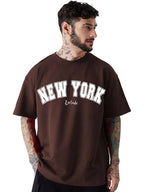 Casual Half Sleeve Cottonblend Printed Round Neck Drop Shoulder Oversized Tshirt for Man (Color Brown)