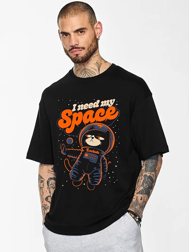 Half Sleeve Oversized Cottonblend Round Neck Drop Shoulder Printed Men's T-Shirt (Color Black)