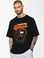 Half Sleeve Oversized Cottonblend Round Neck Drop Shoulder Printed Men's T-Shirt (Color Black)
