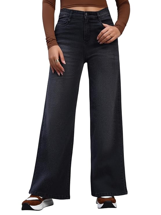 Amazon Brand - INKAST Women High Rise Wide Leg Full Length Cotton Poly Lycra Jeans