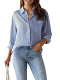 Women's Classic Fit Striped Print Poly Cotton Shirt with Long Sleeve Mandarin Neck Standard Length and Button Down Closure Type