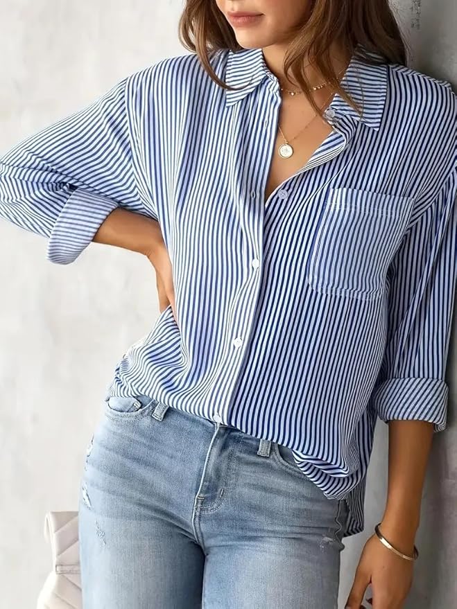 Women's  Poly Cotton Shirt with Long Sleeve Mandarin Neck Standard Length and Button Down Closure Type