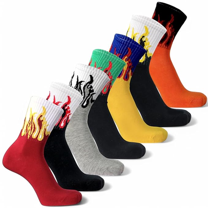 7 Pairs Pure Premium Cotton Socks Men & Women Calf Length Crew Flame Pattern Vibrant Colors, Full Length Comfort Stretchable Free Size Anti Odur Sweat Free Anti Slip
